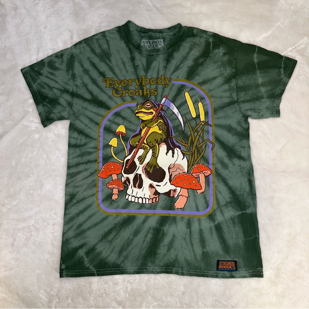 Steven Rhodes Green Tie-Dye "Everybody Croaks" Frog Skull T-Shirt Size Small - Picture 5 of 10